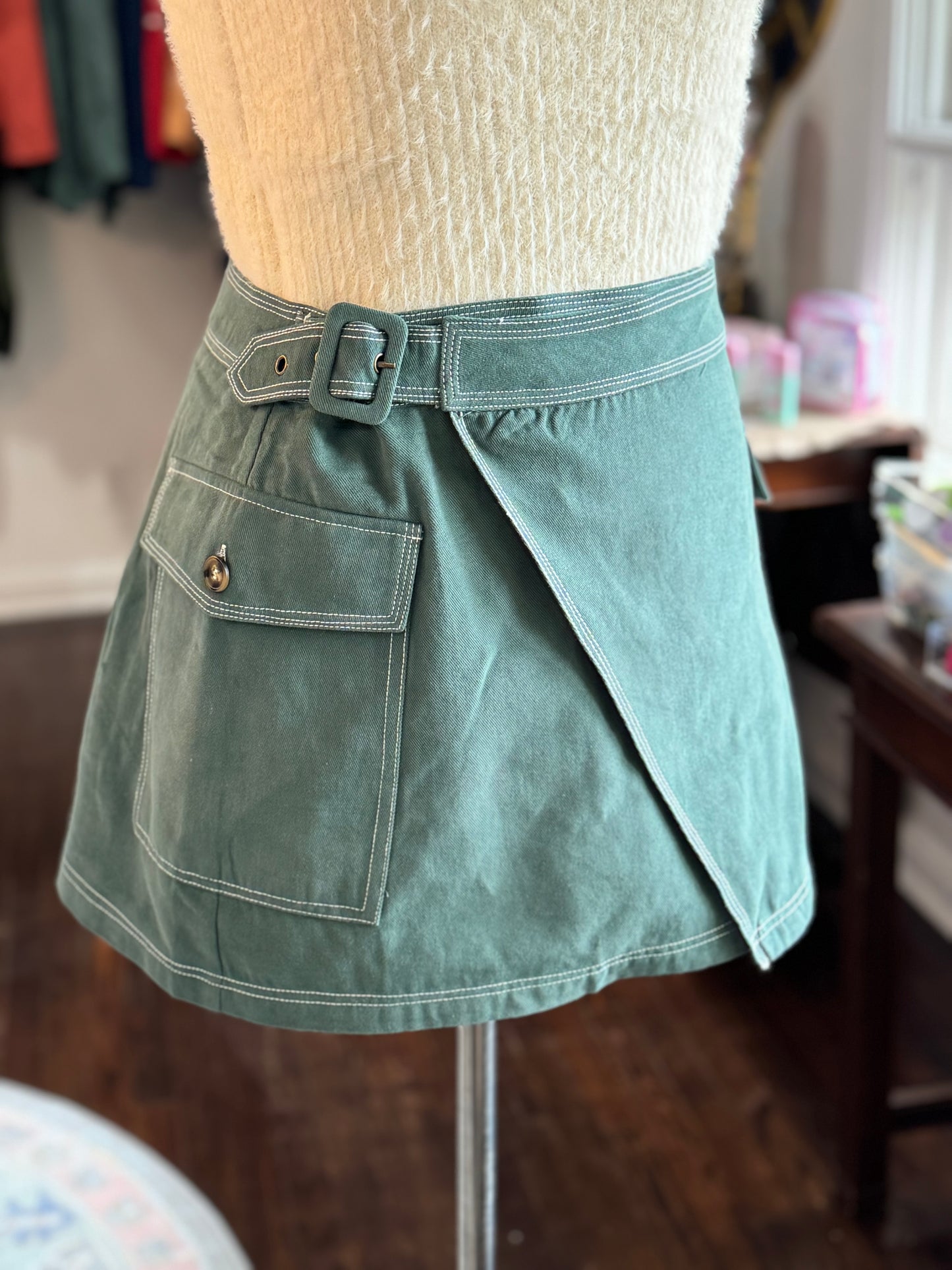 Green belted wrap skirt