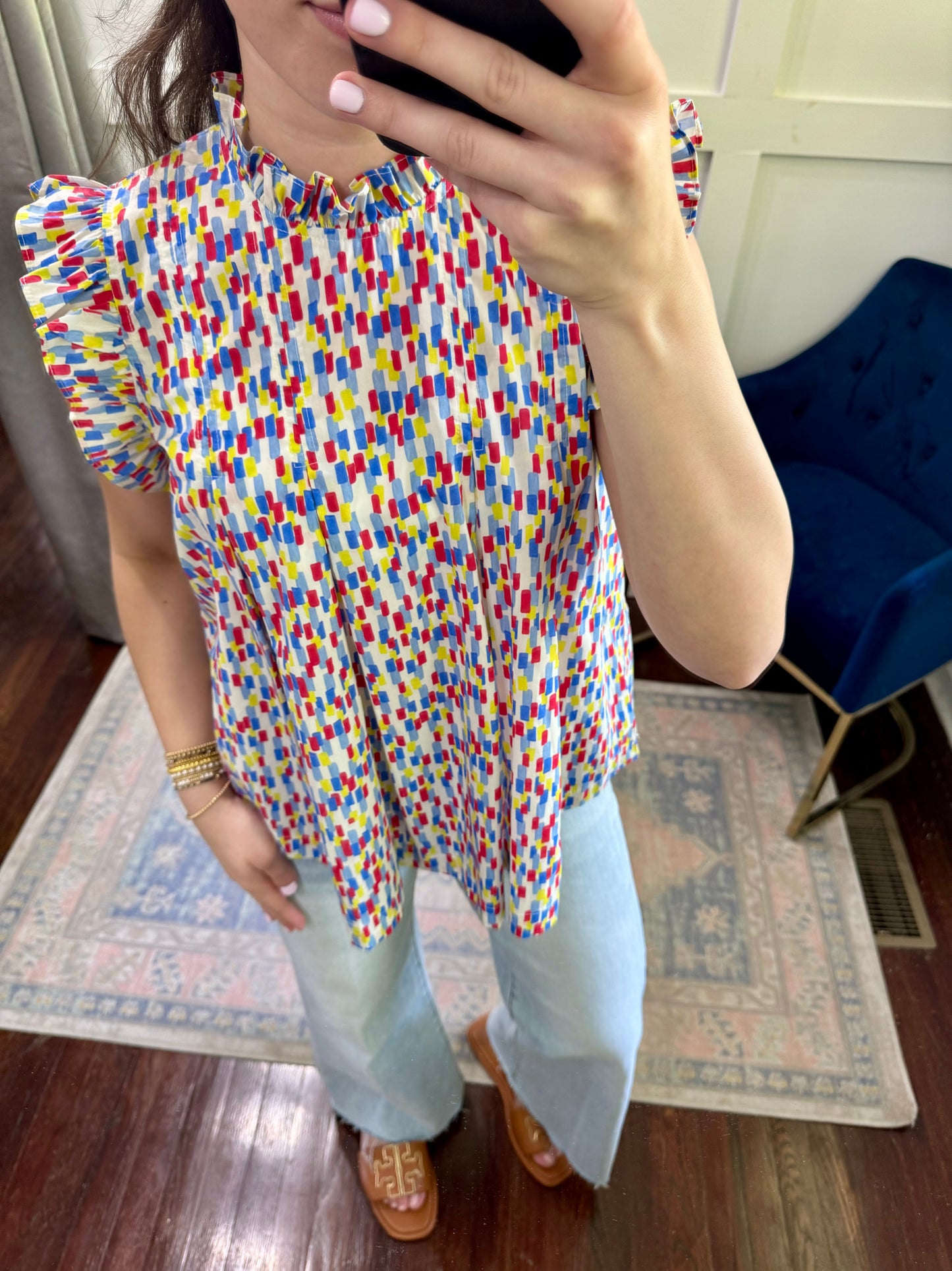 Blue yellow red stacked print blouse