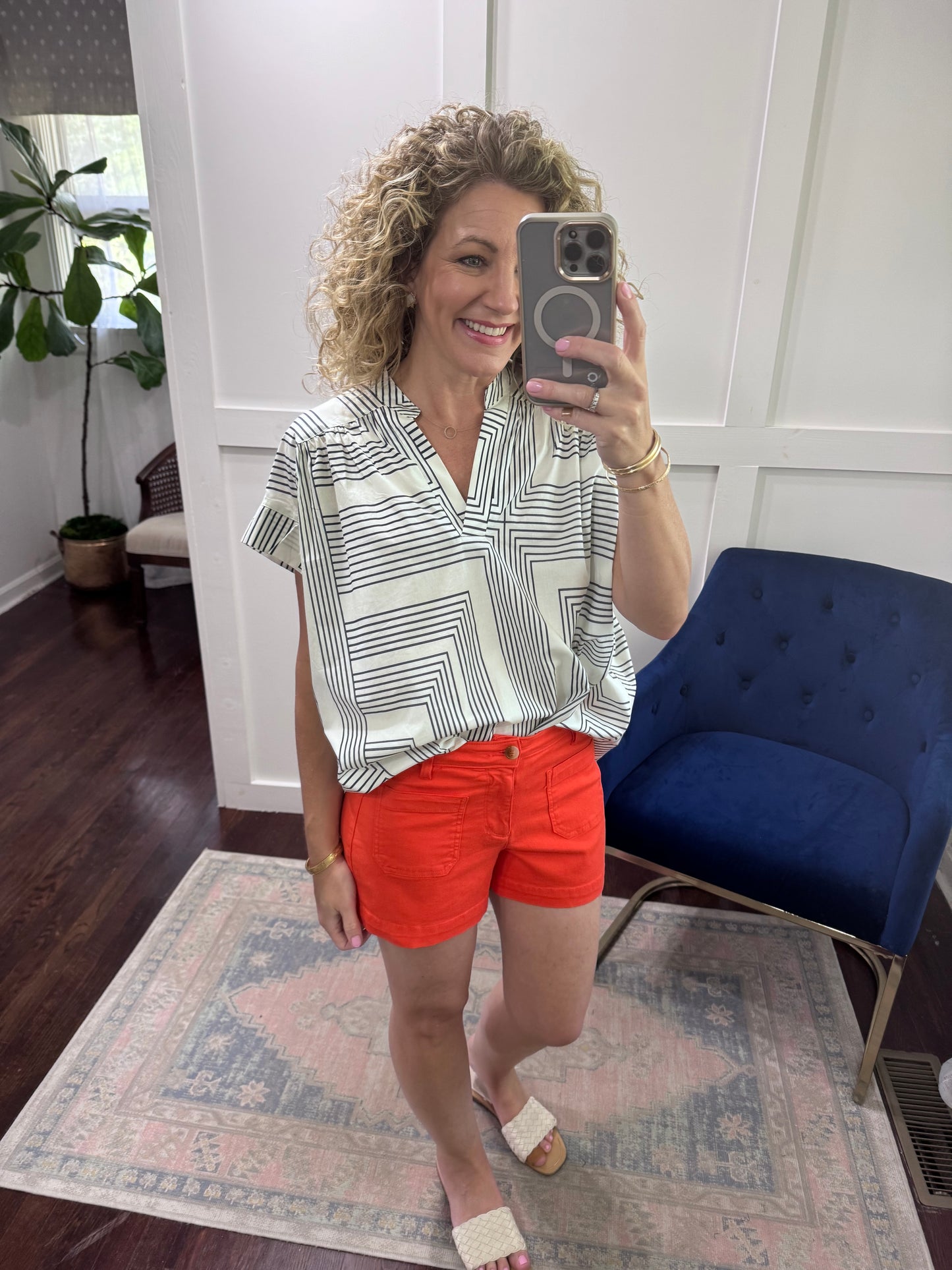 Ivory navy geometric blouse
