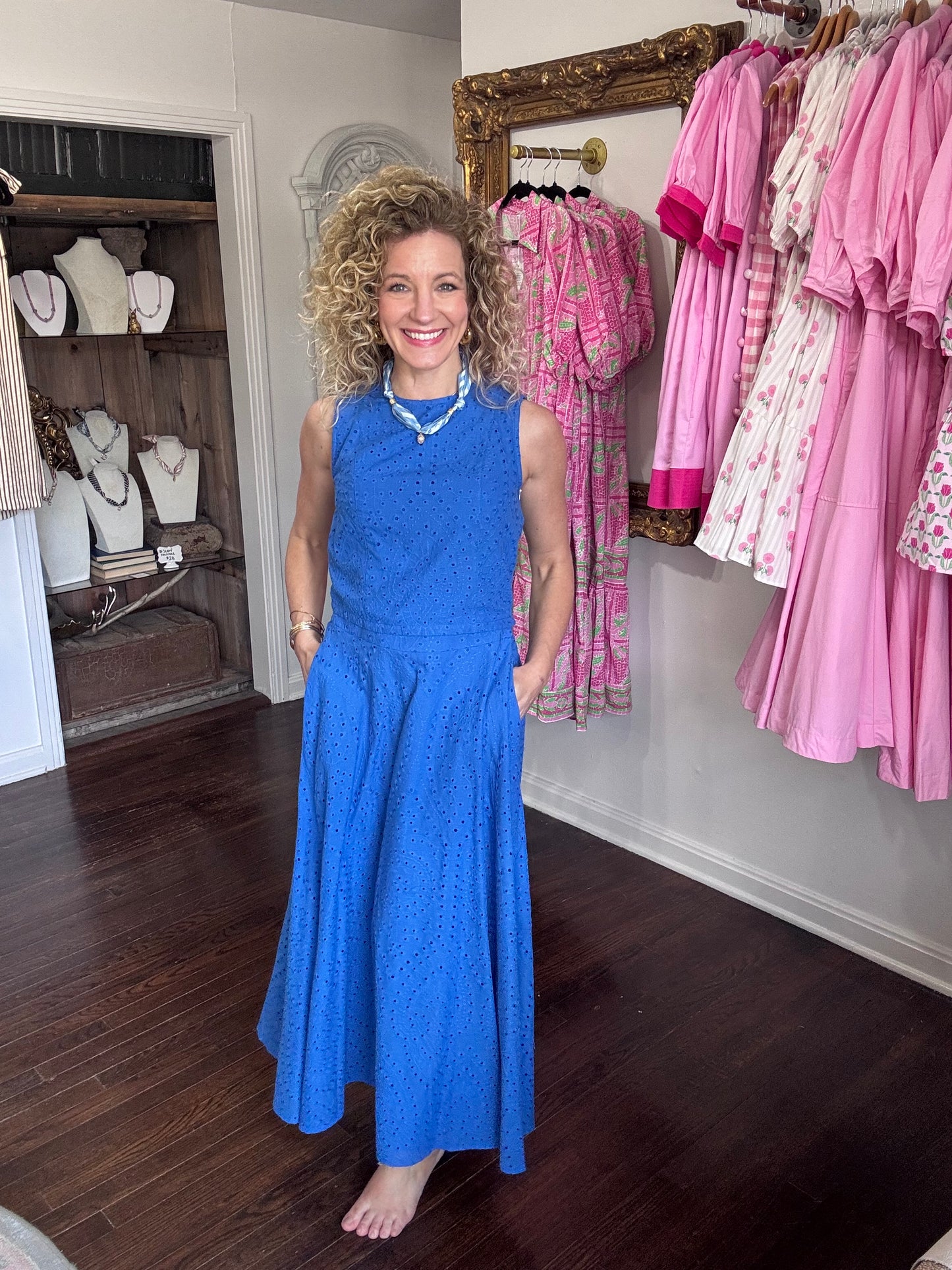 royal blue eyelet midi skirt