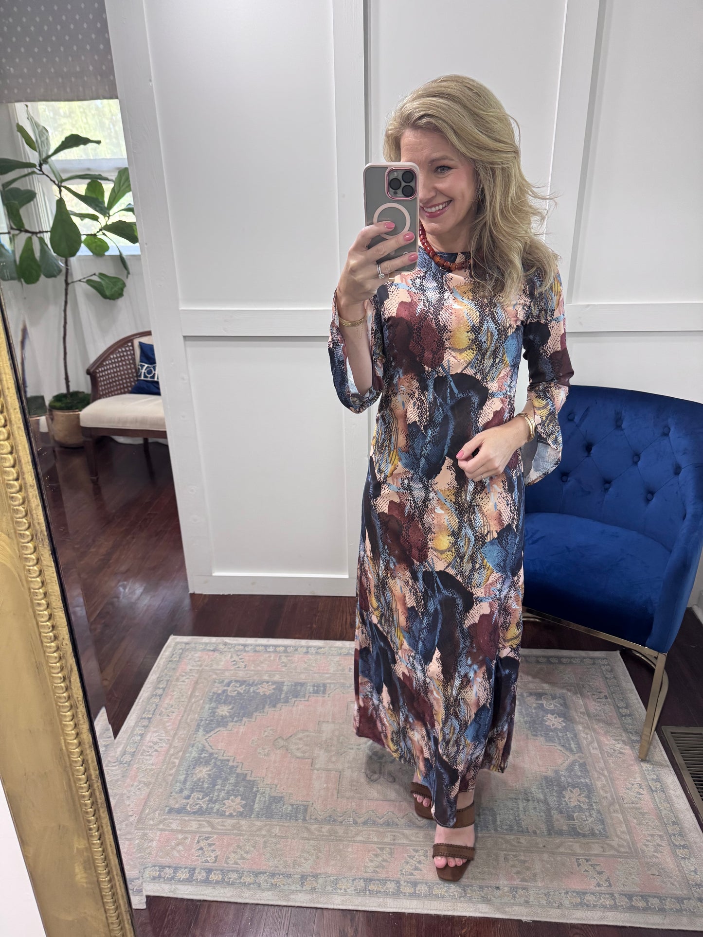 Blue brown gold animal print dress