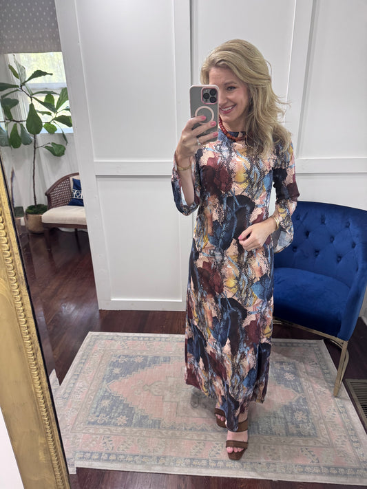 Blue brown gold animal print dress