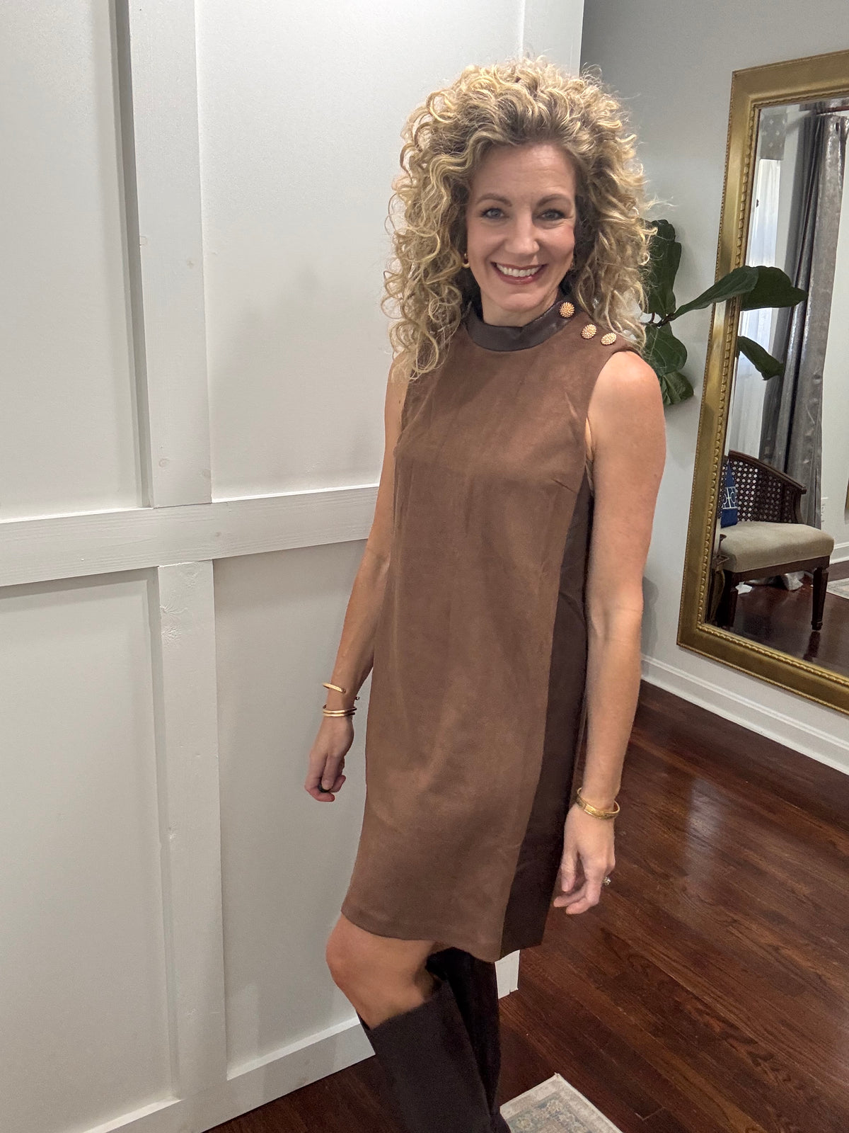 Brown suede gold button dress