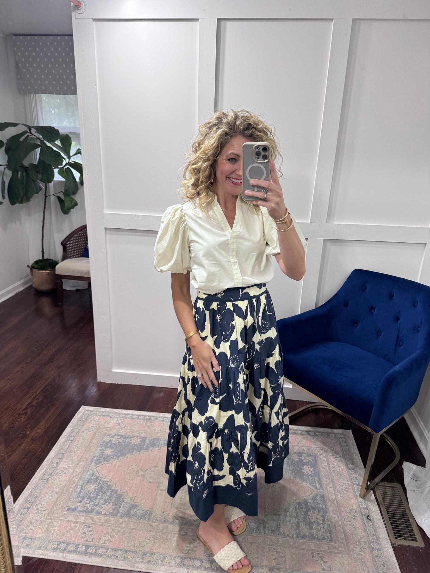 Navy floral tiered midi skirt