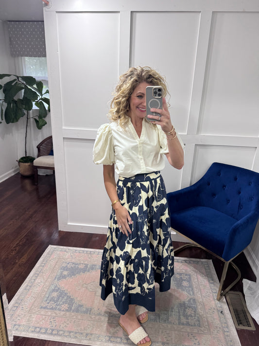 Navy floral tiered midi skirt