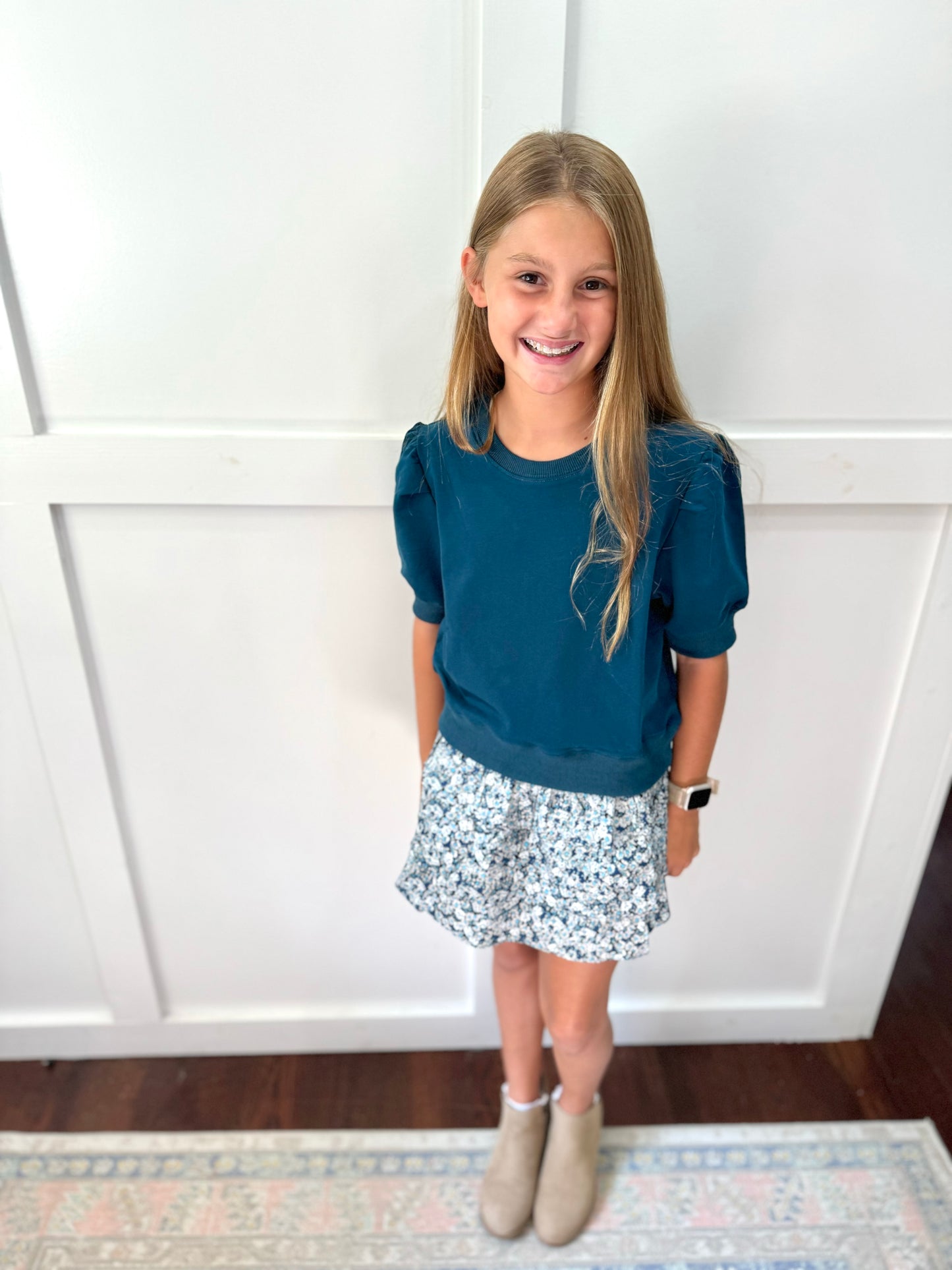 Tween Sally tiered skirt in blue floral