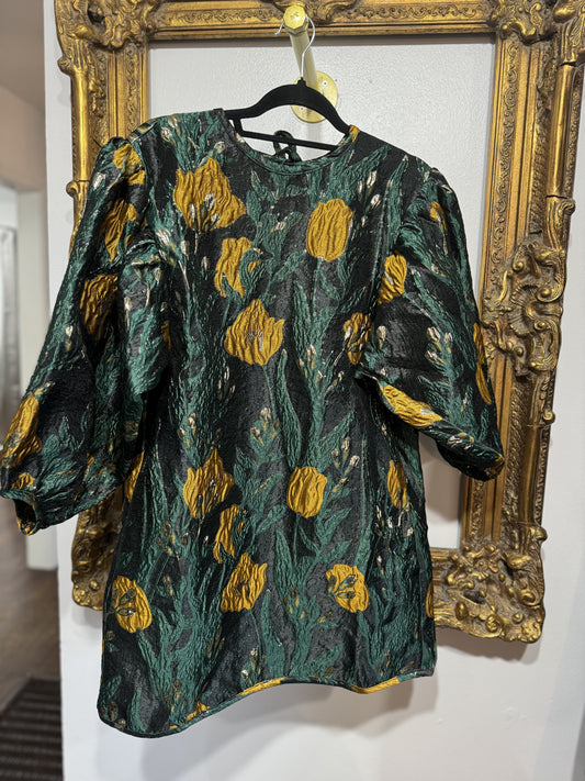 Huntergreen gold floral jacquard dress