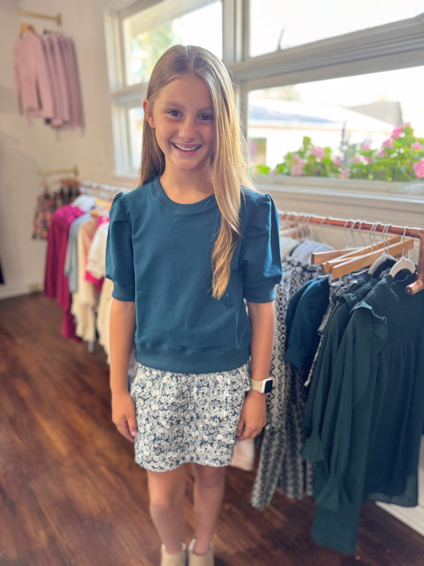 Tween Sally tiered skirt in blue floral