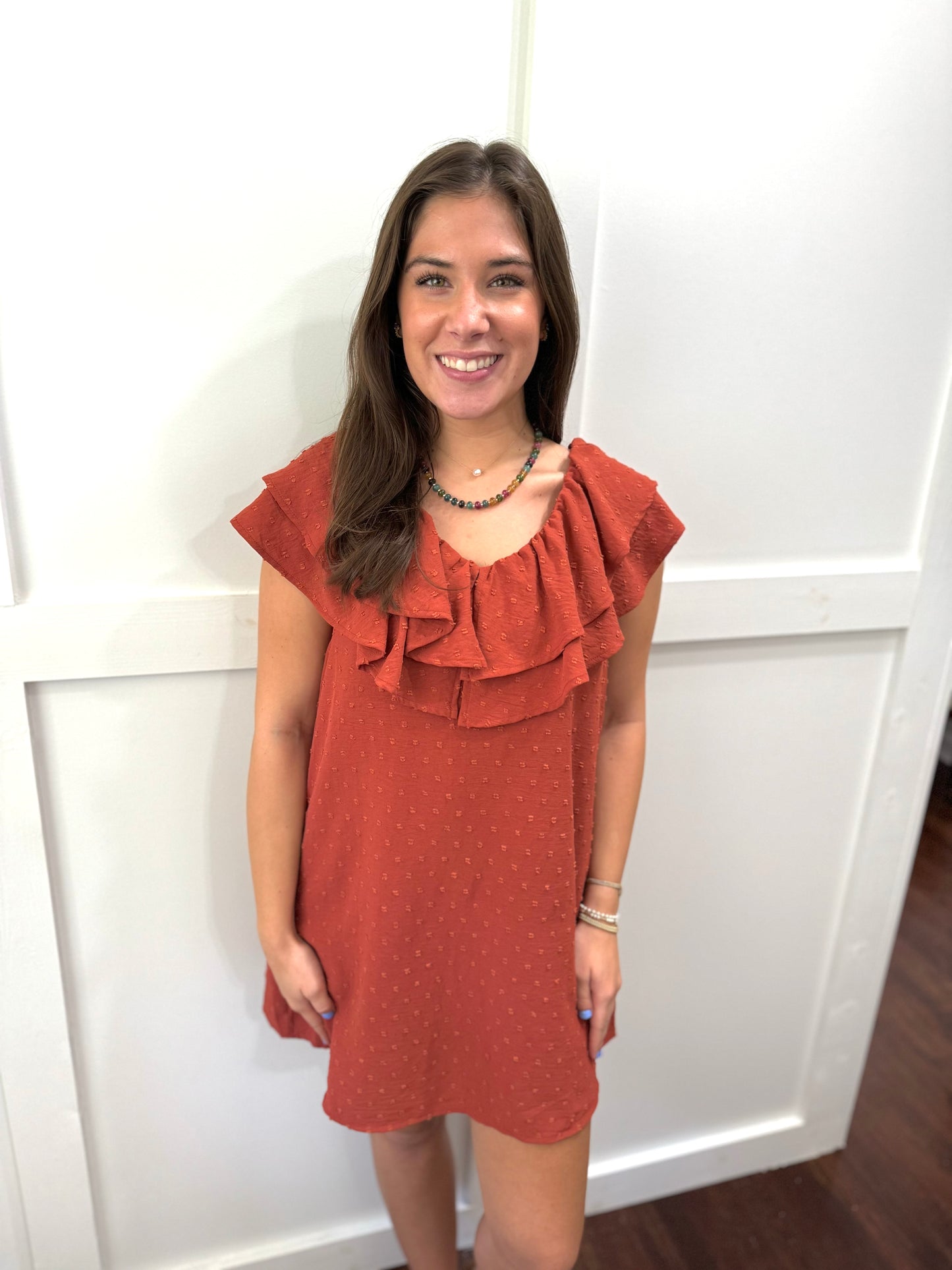 Marsala rust ruffle dress