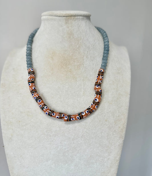 Rust and blue trade bead necklace