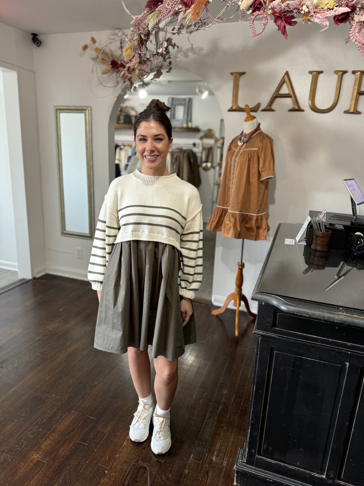 Olive striped sweater dress