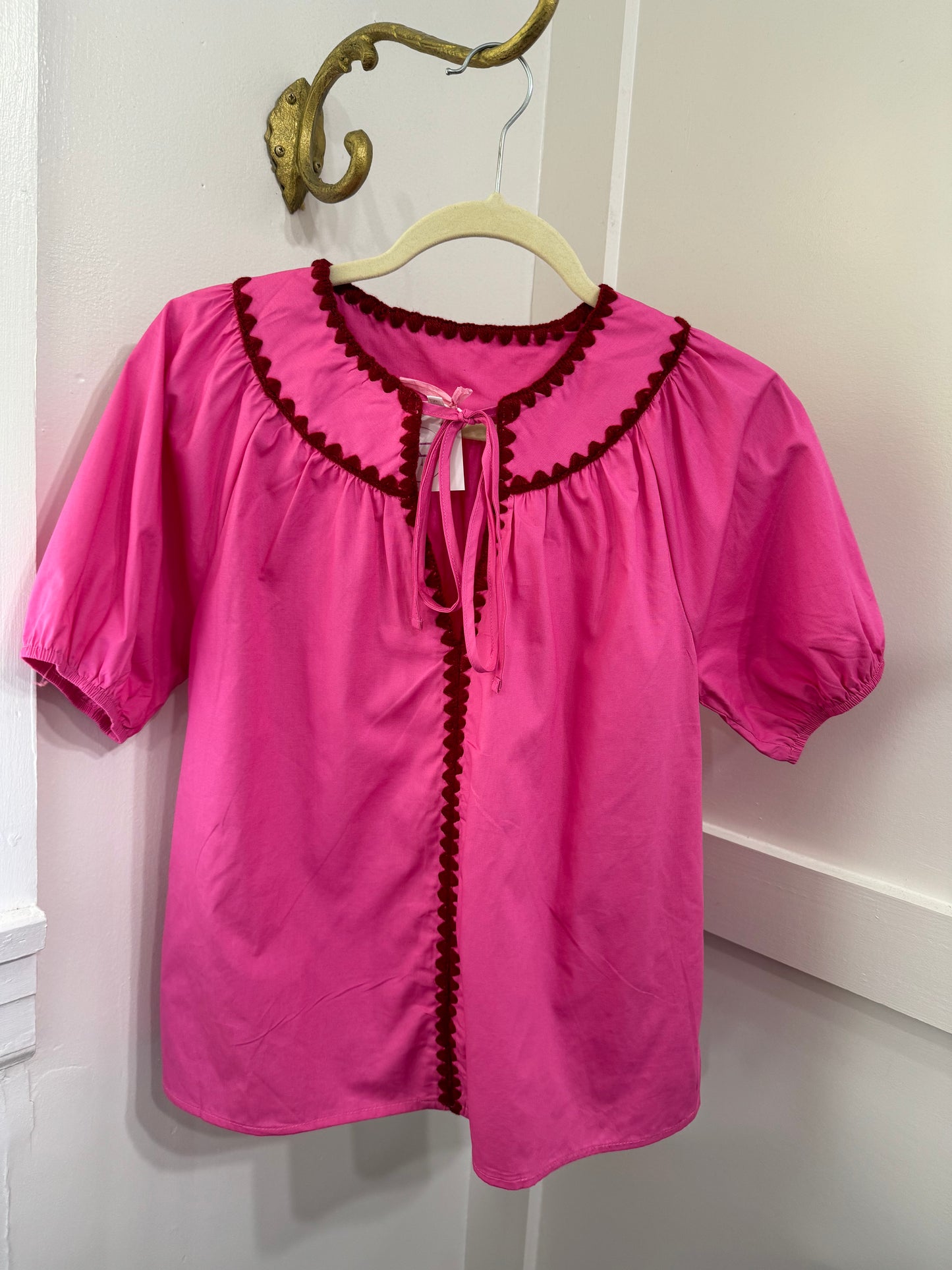 Pink and red puff sleeve blouse