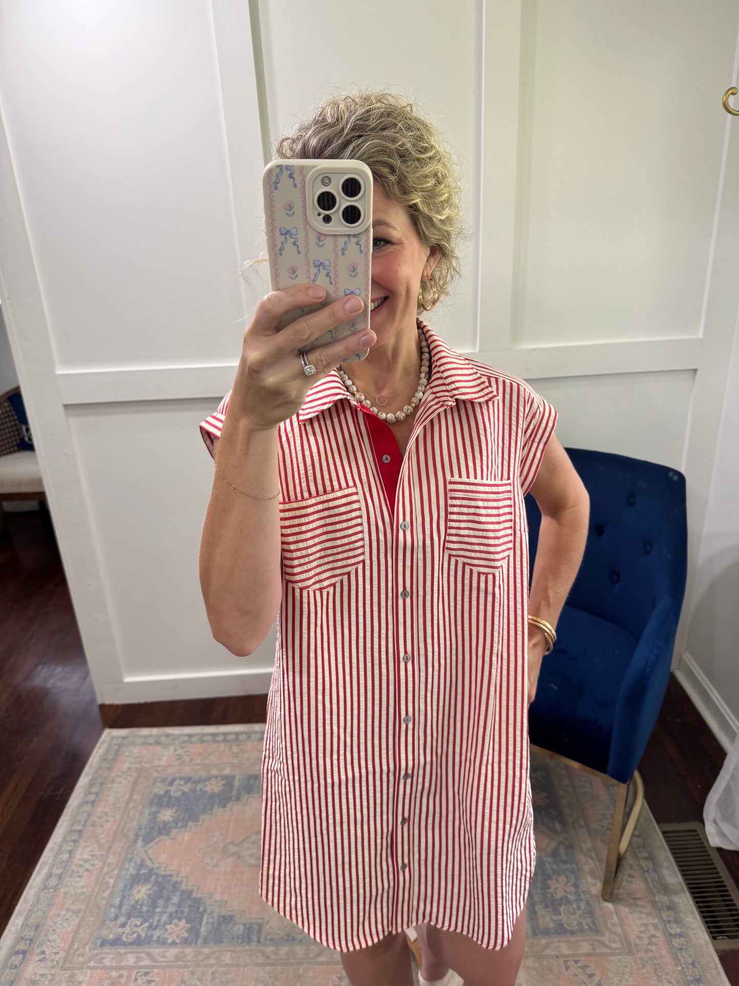 Red and ivory striped dress
