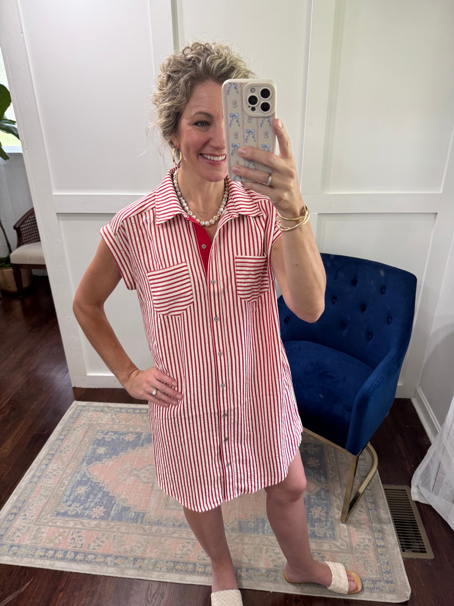 Red and ivory striped dress