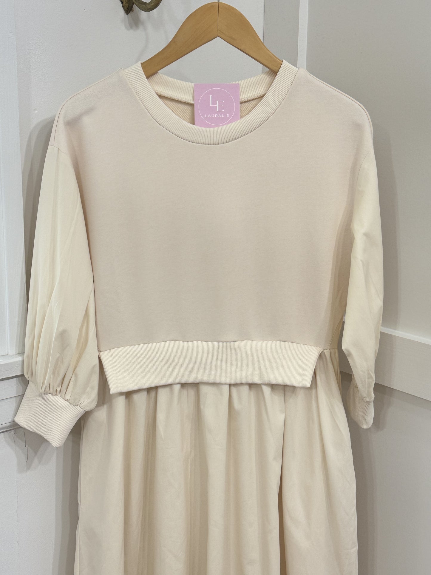 Ivory sweatshirt contrast poplin dress