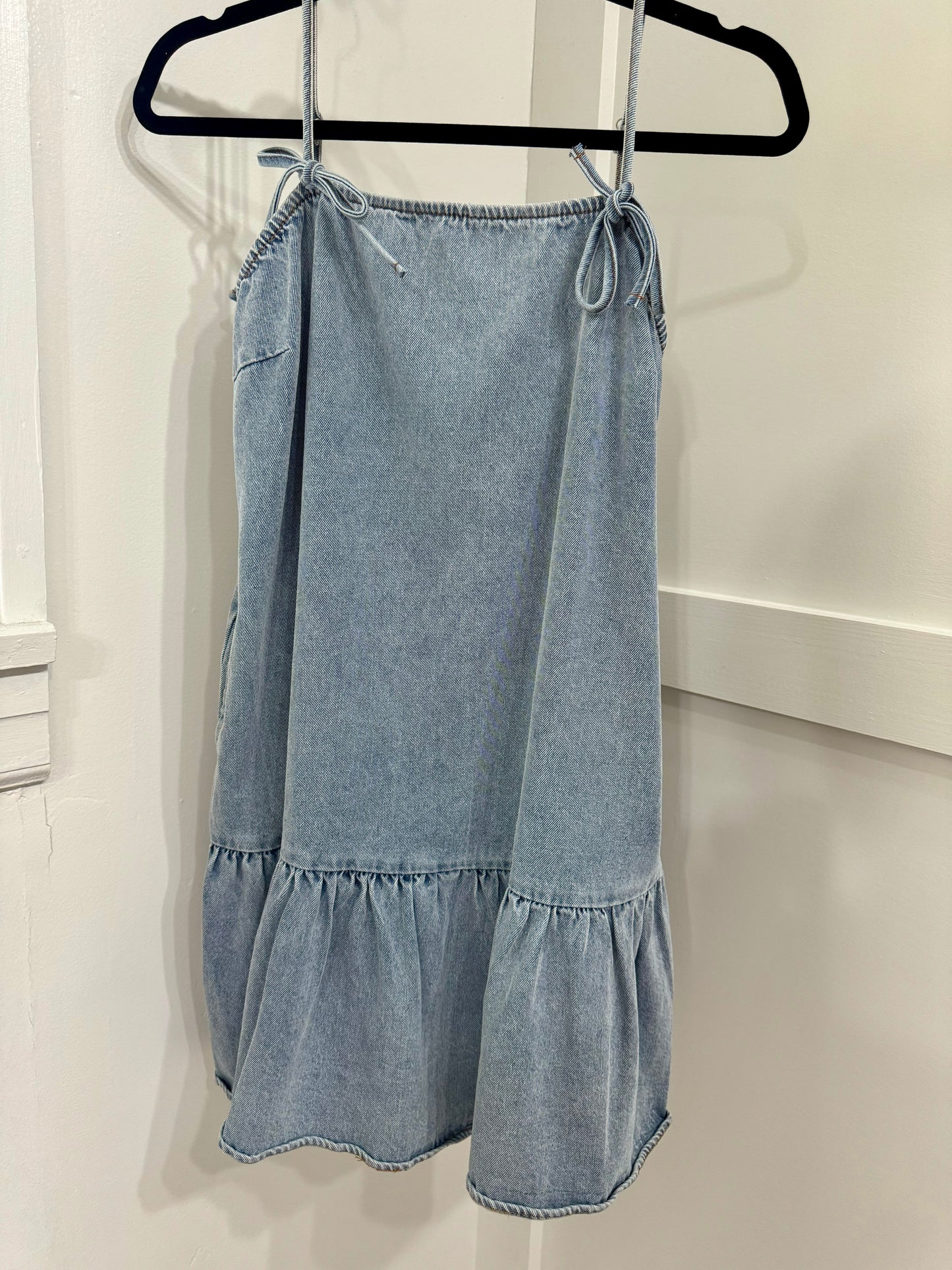 denim bow tie strap dress