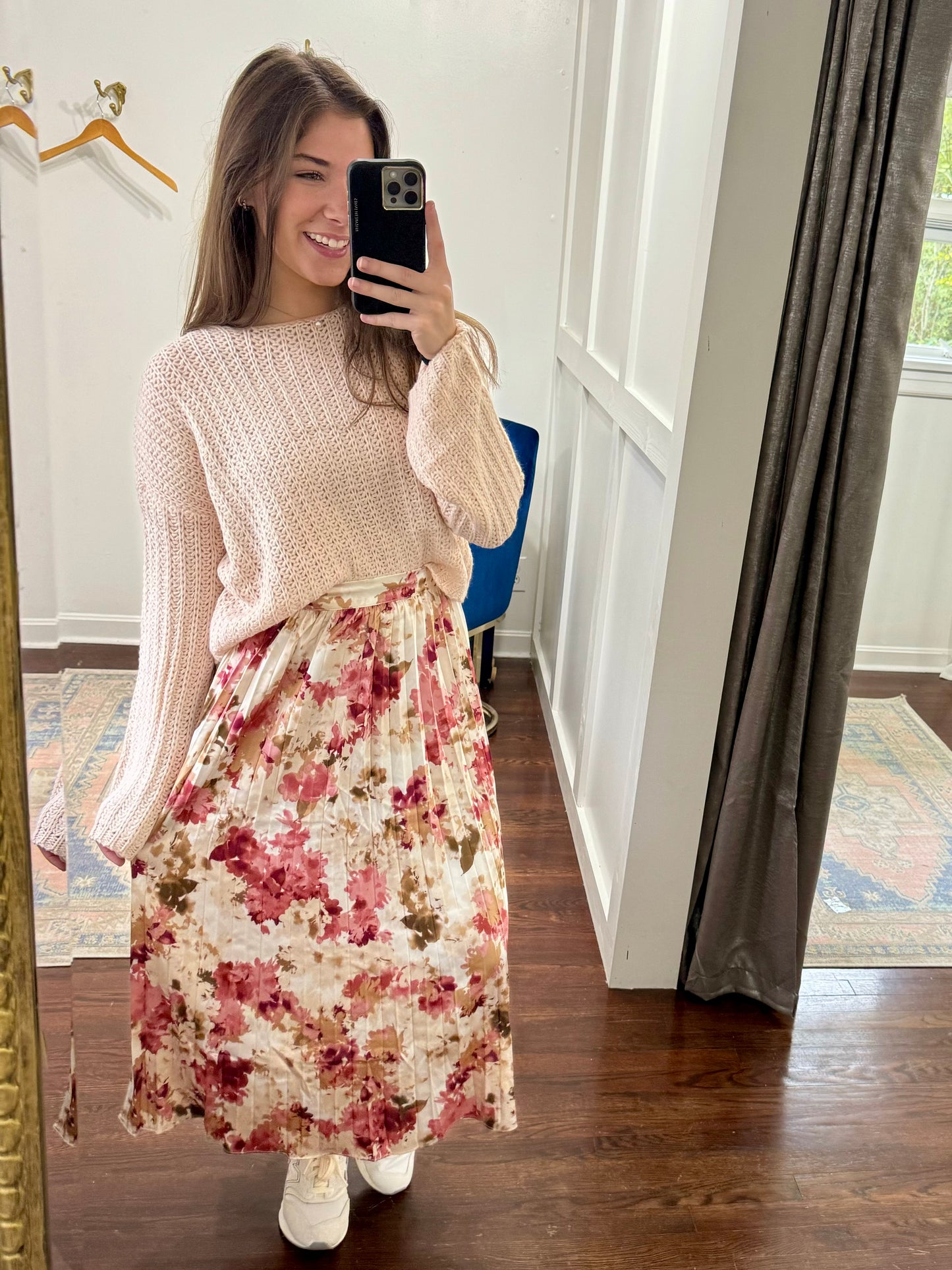 Pink taupe floral midi skirt