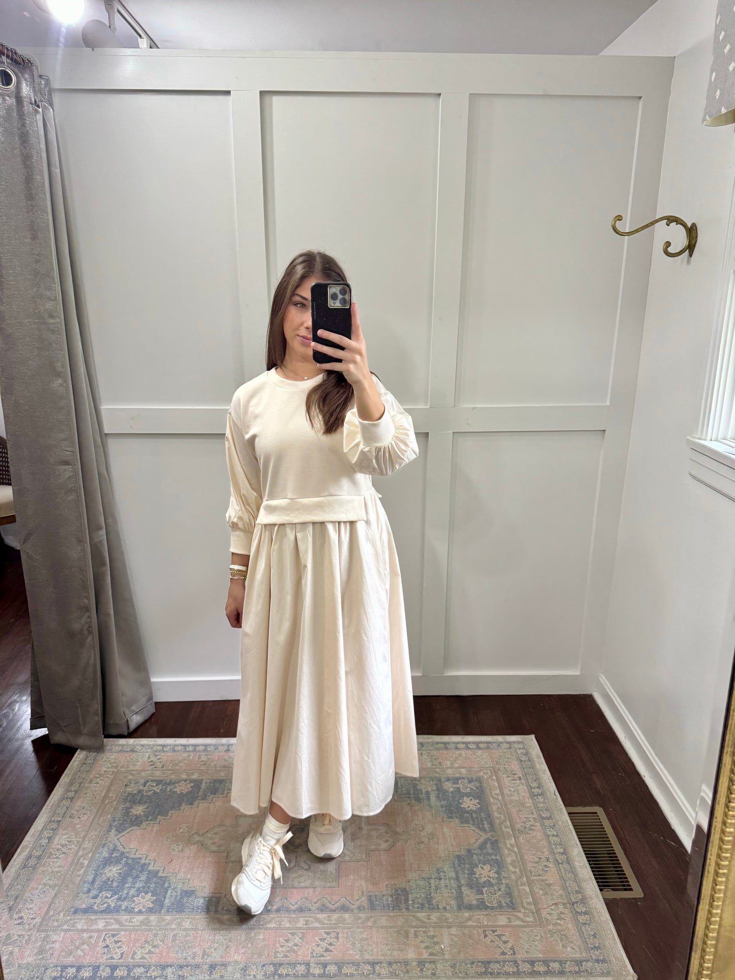 Ivory sweatshirt contrast poplin dress