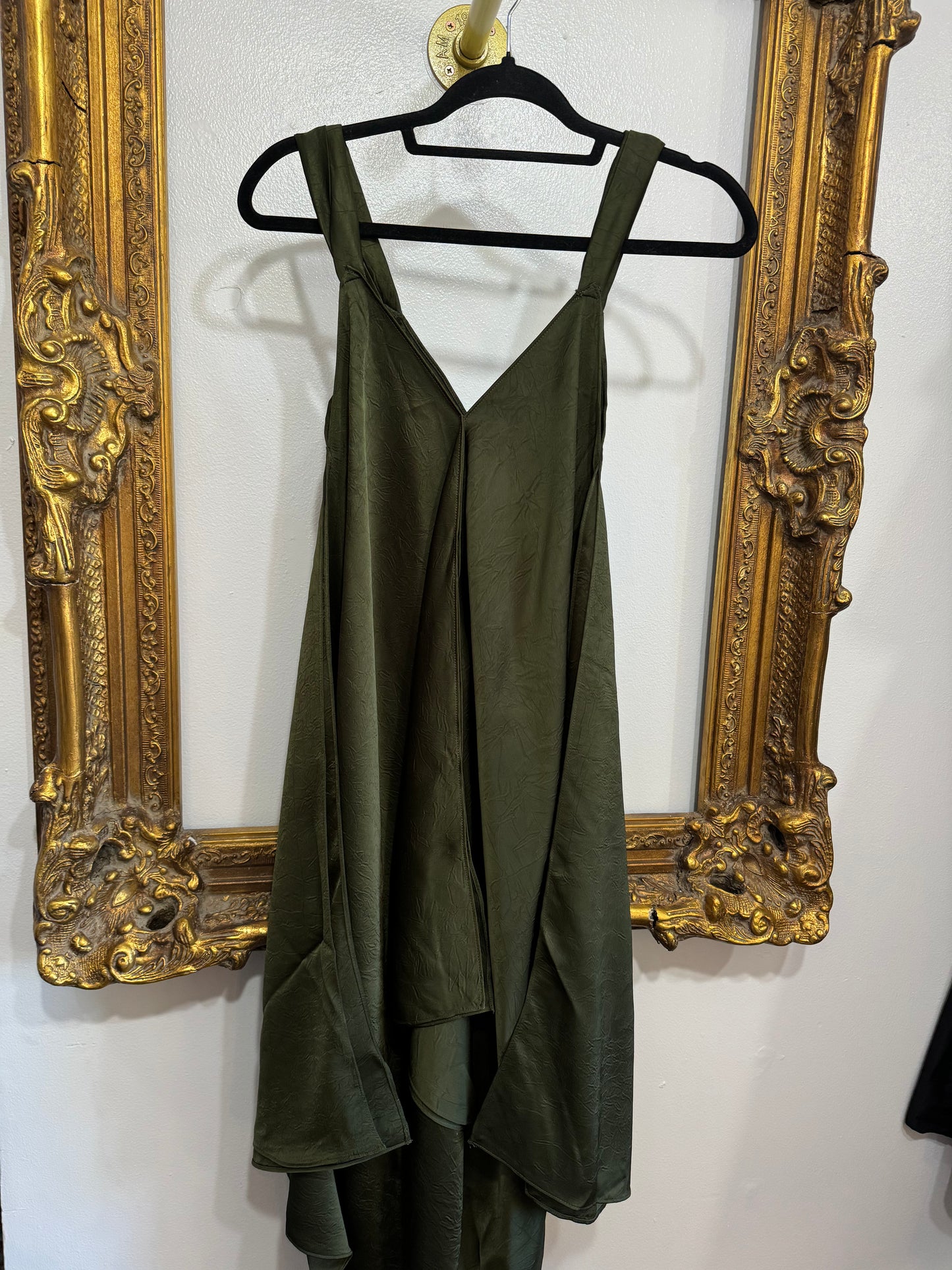 Dark olive crinkle satin v-neck dress