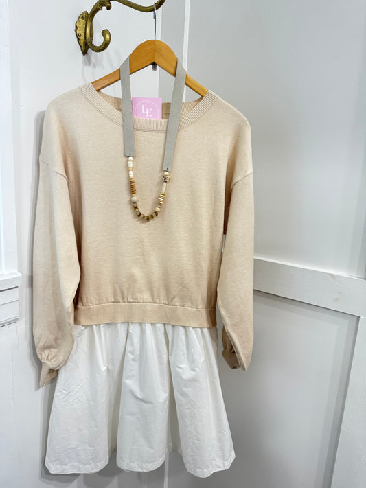 Beige sweater dress with poplin hem contrast