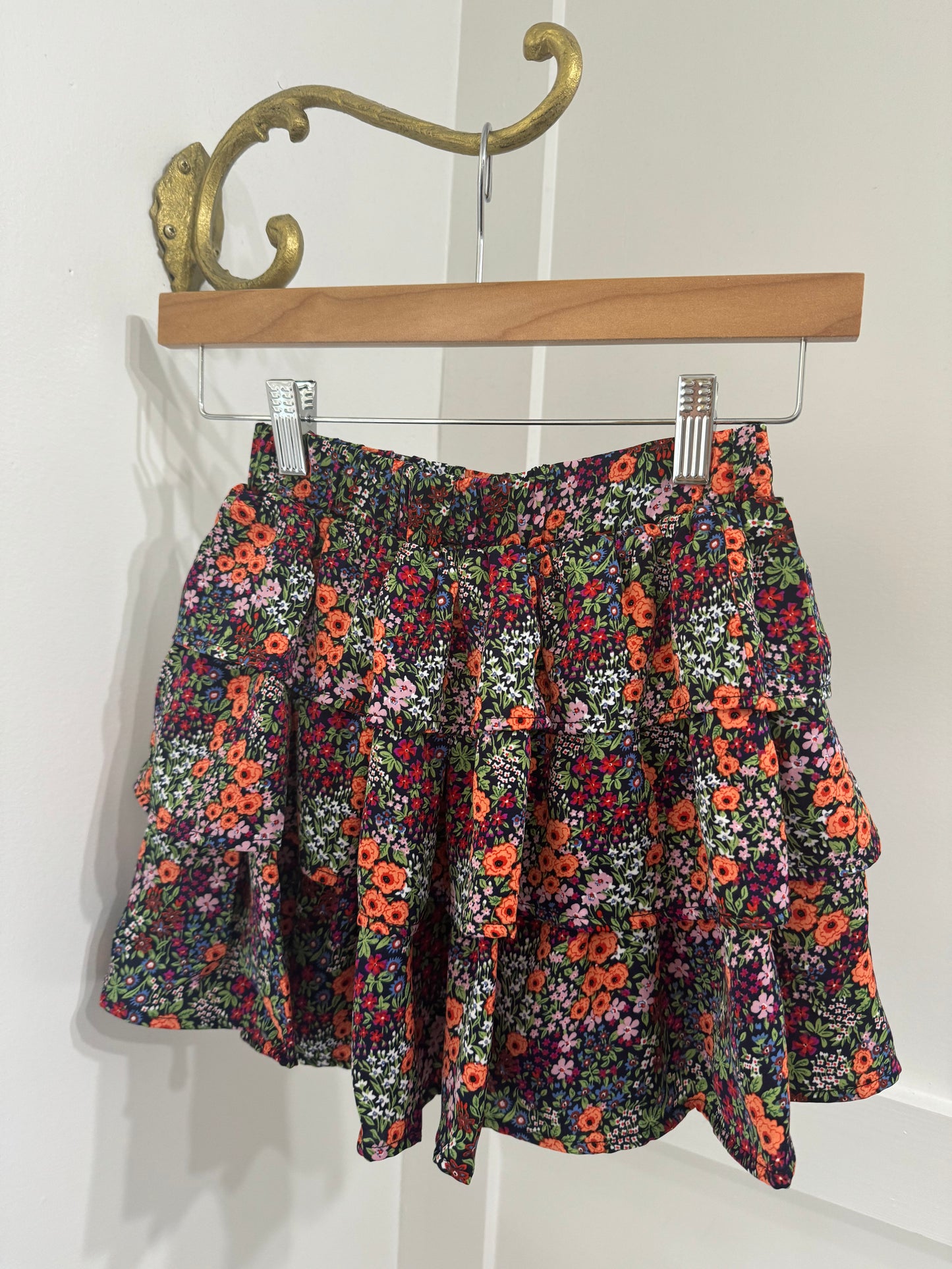 Tween tiered floral skirt navy, orange, cranberry