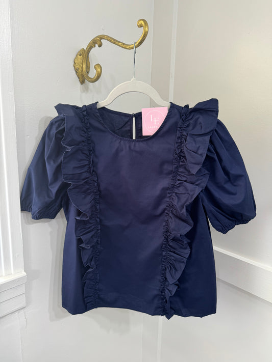 Navy front ruffle top