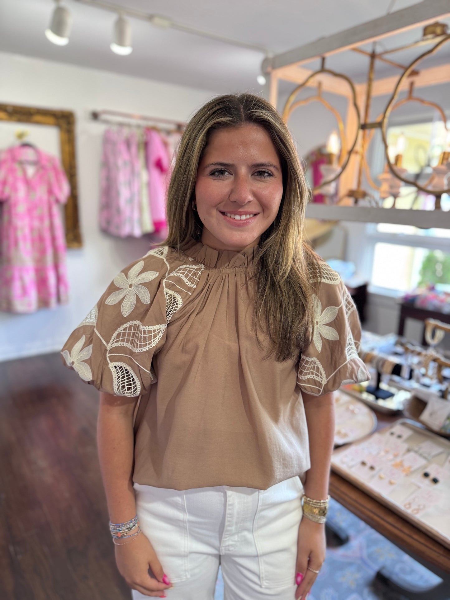 Taupe floral embroidered top