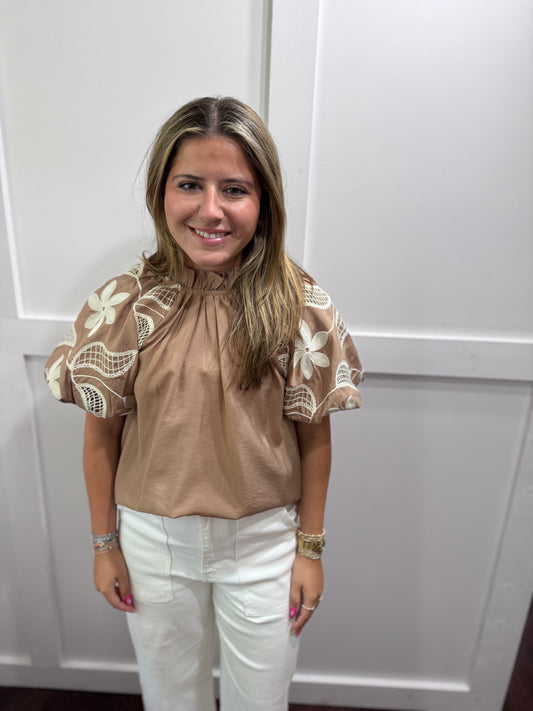 Taupe floral embroidered top