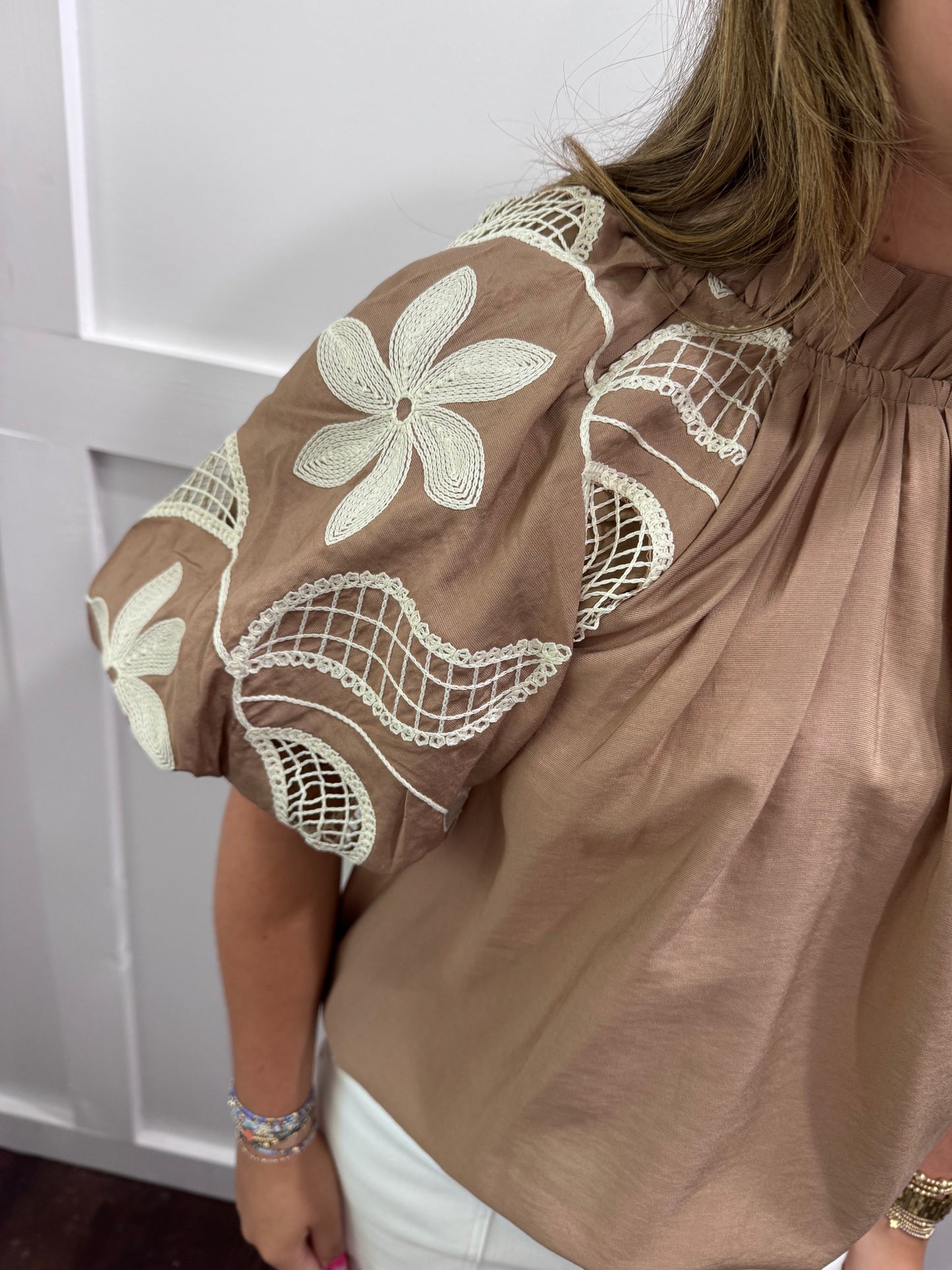 Taupe floral embroidered top