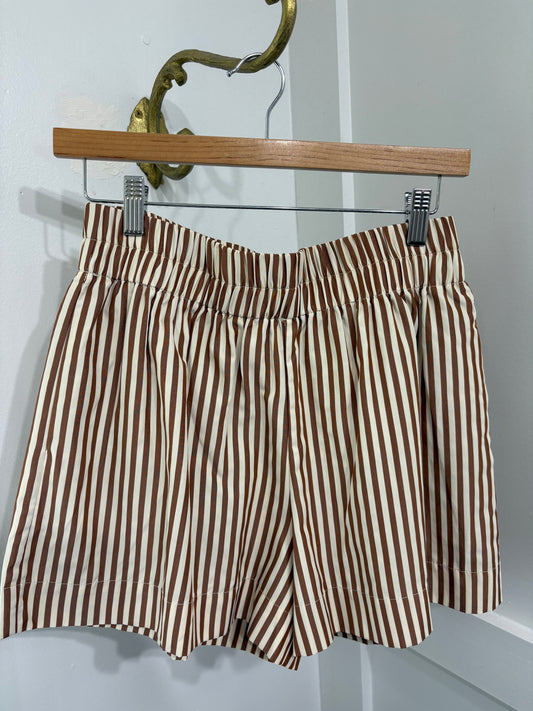 Brown and cream striped poplin shorts