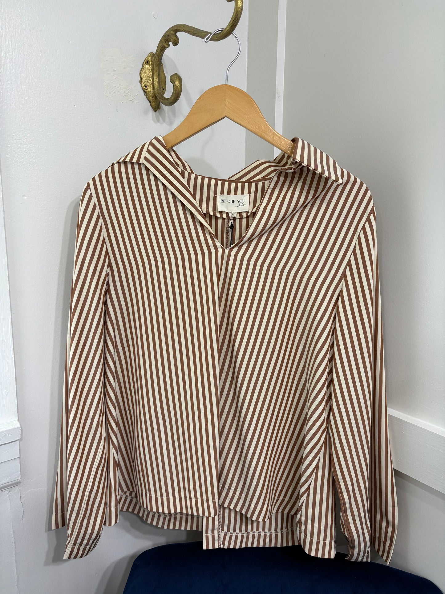 Brown cream striped poplin top