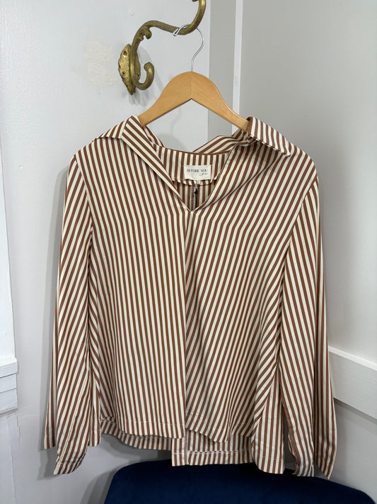 Brown cream striped poplin top