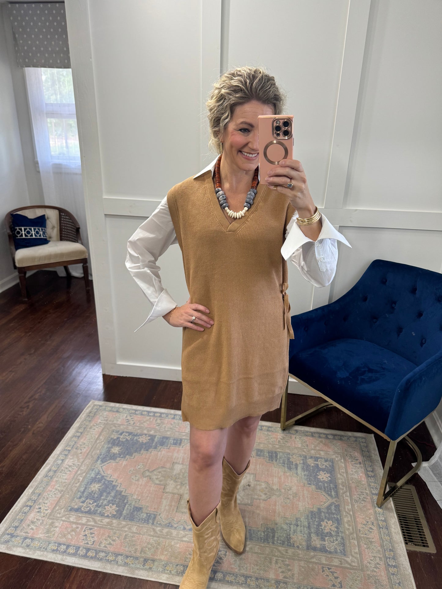 Tan sweater shirt dress