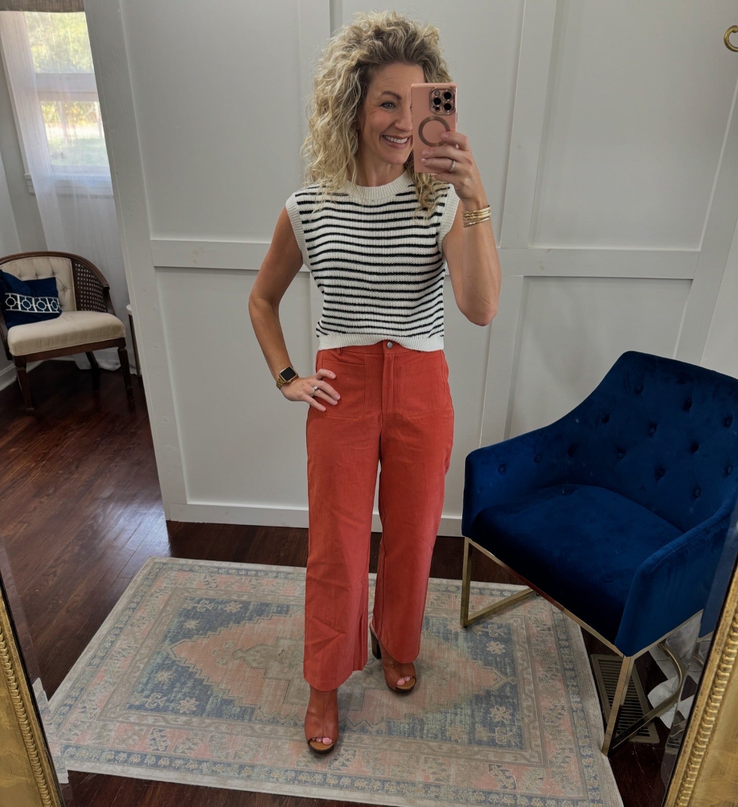 Burnt orange wide leg twill pants