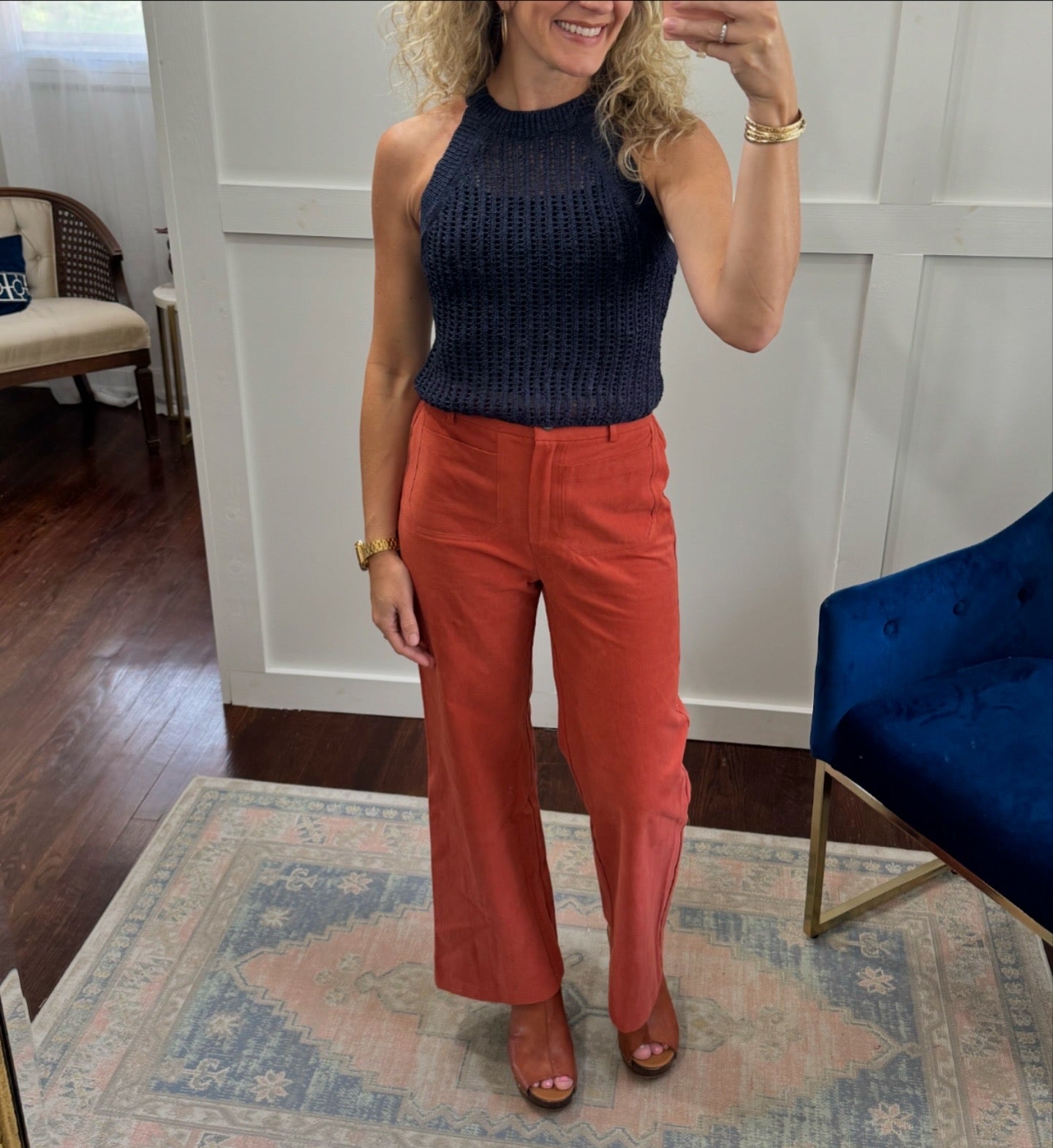 Burnt orange wide leg twill pants