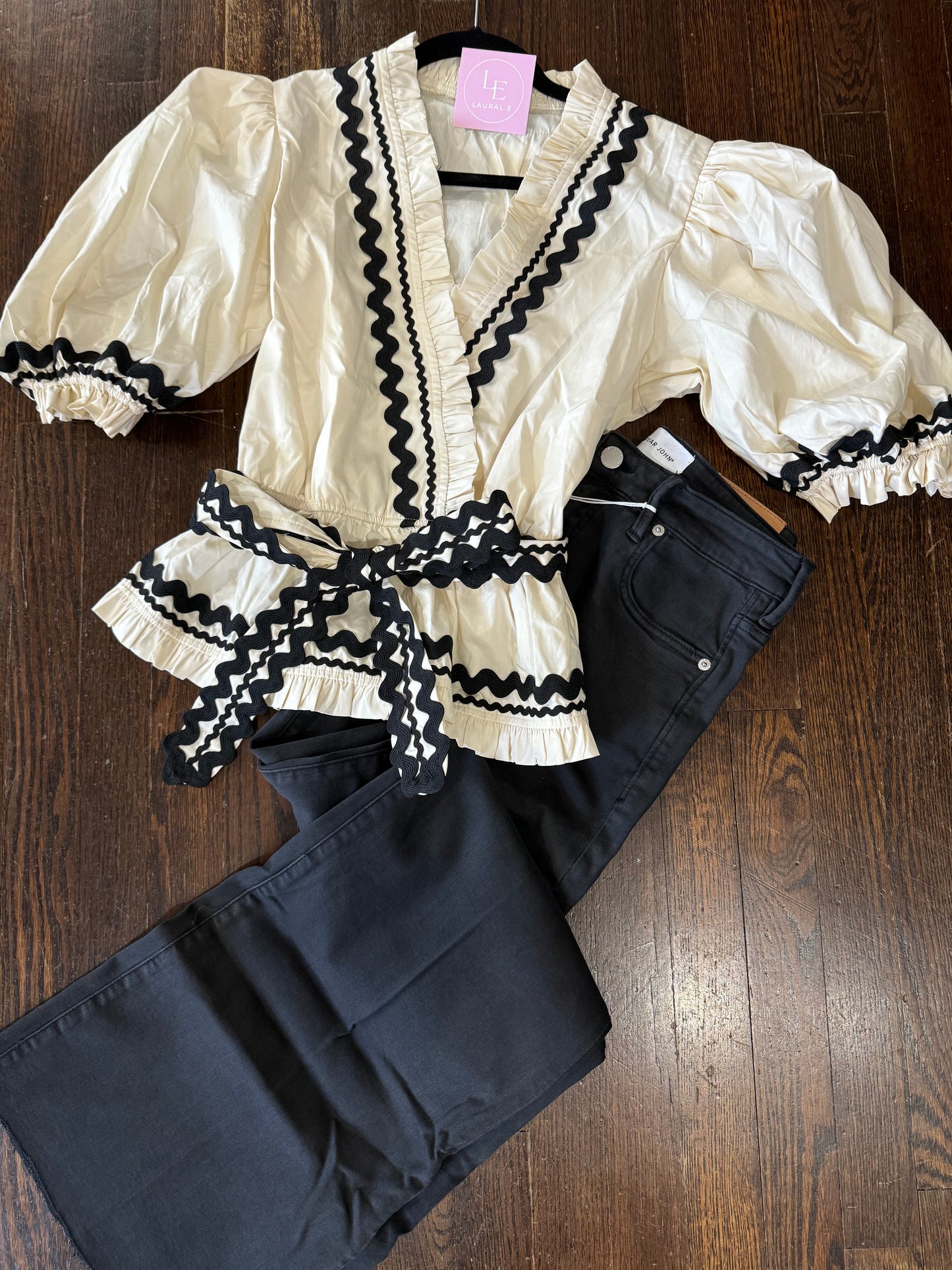 Ivory and black ric rac trim top