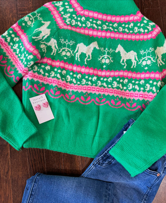 Fair Isle horse green and pink sweater