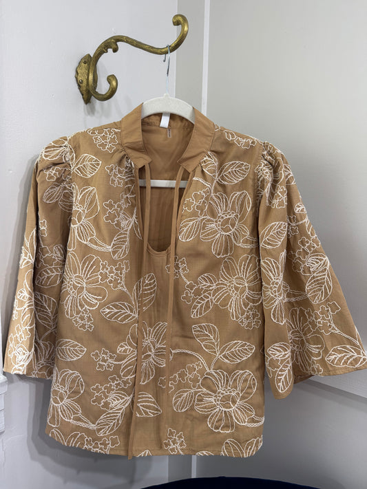 Taupe floral embroidered top