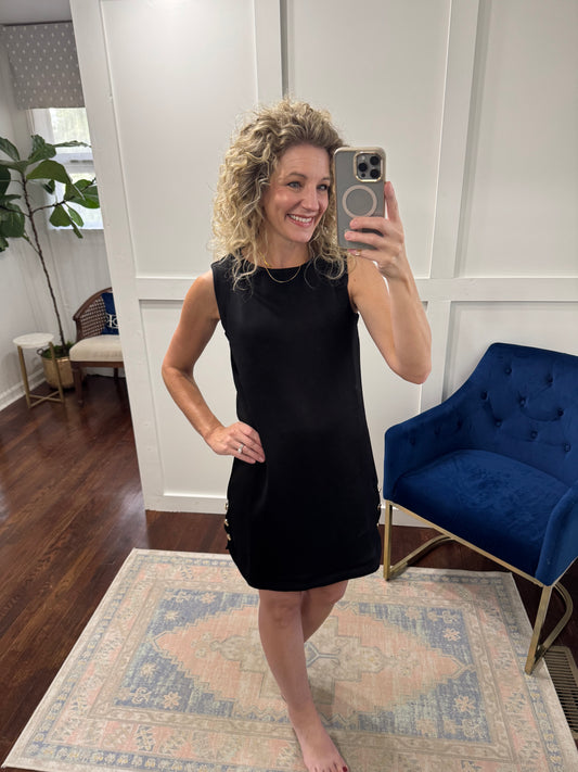 Black scuba dress with gold buttons