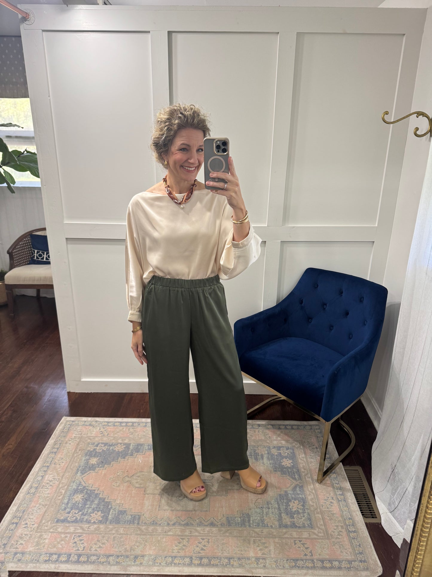 Olive satin wide leg pants