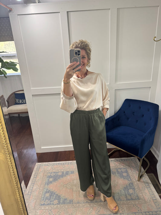 Olive satin wide leg pants