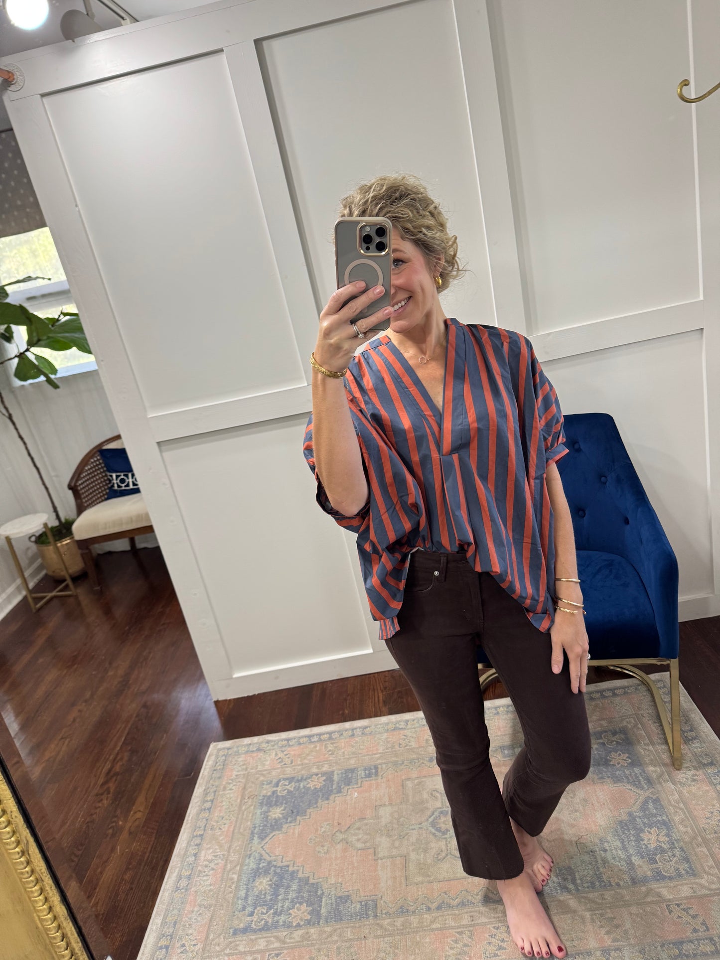 Navy orange striped top