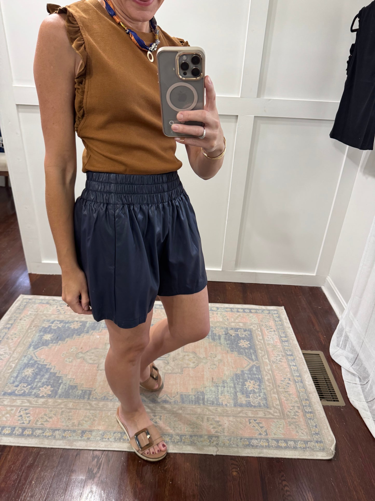 Navy faux leather shorts