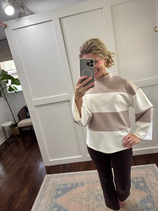 Taupe and ivory stripe top