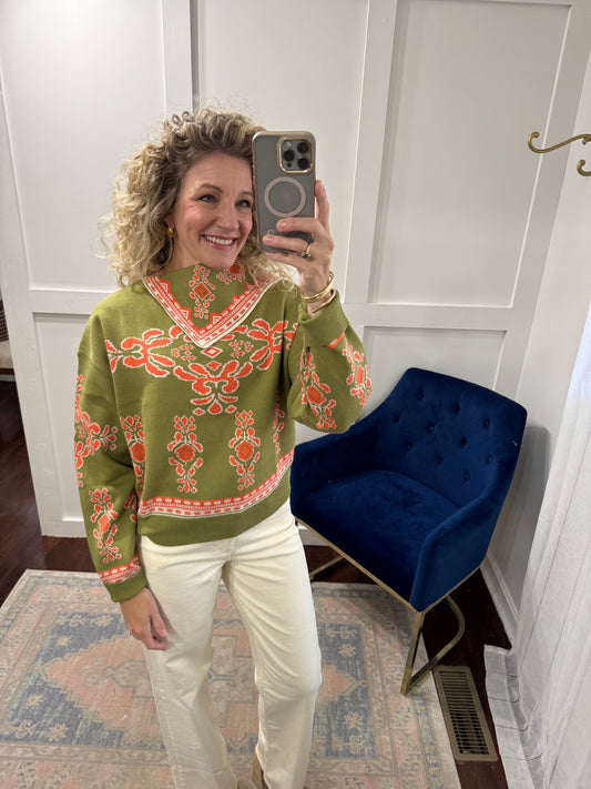 Chartreuse and orange sweater