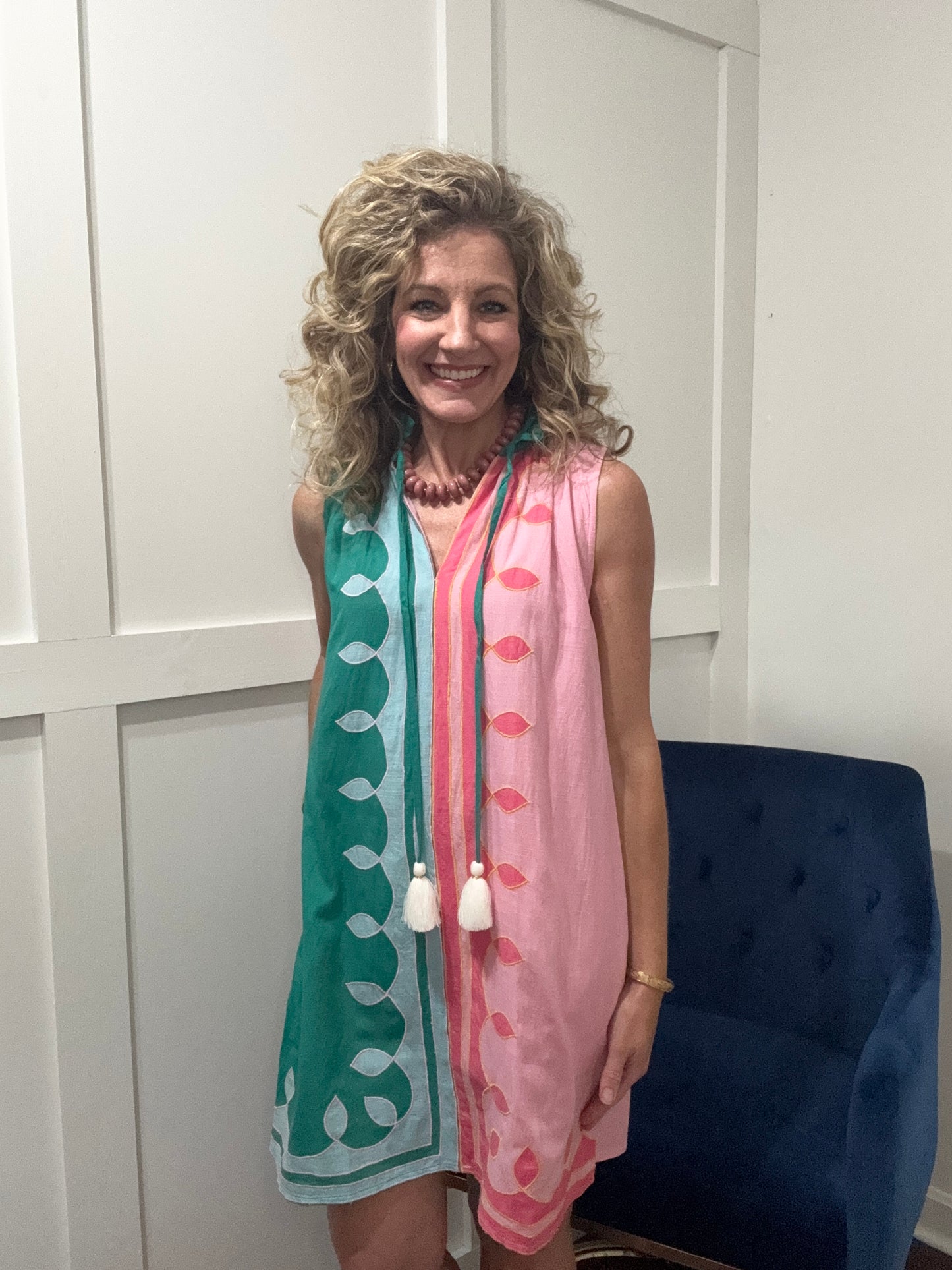 Teal pink embroidered dress