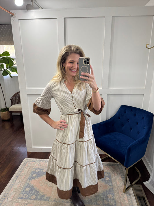 Brown and ivory striped midi