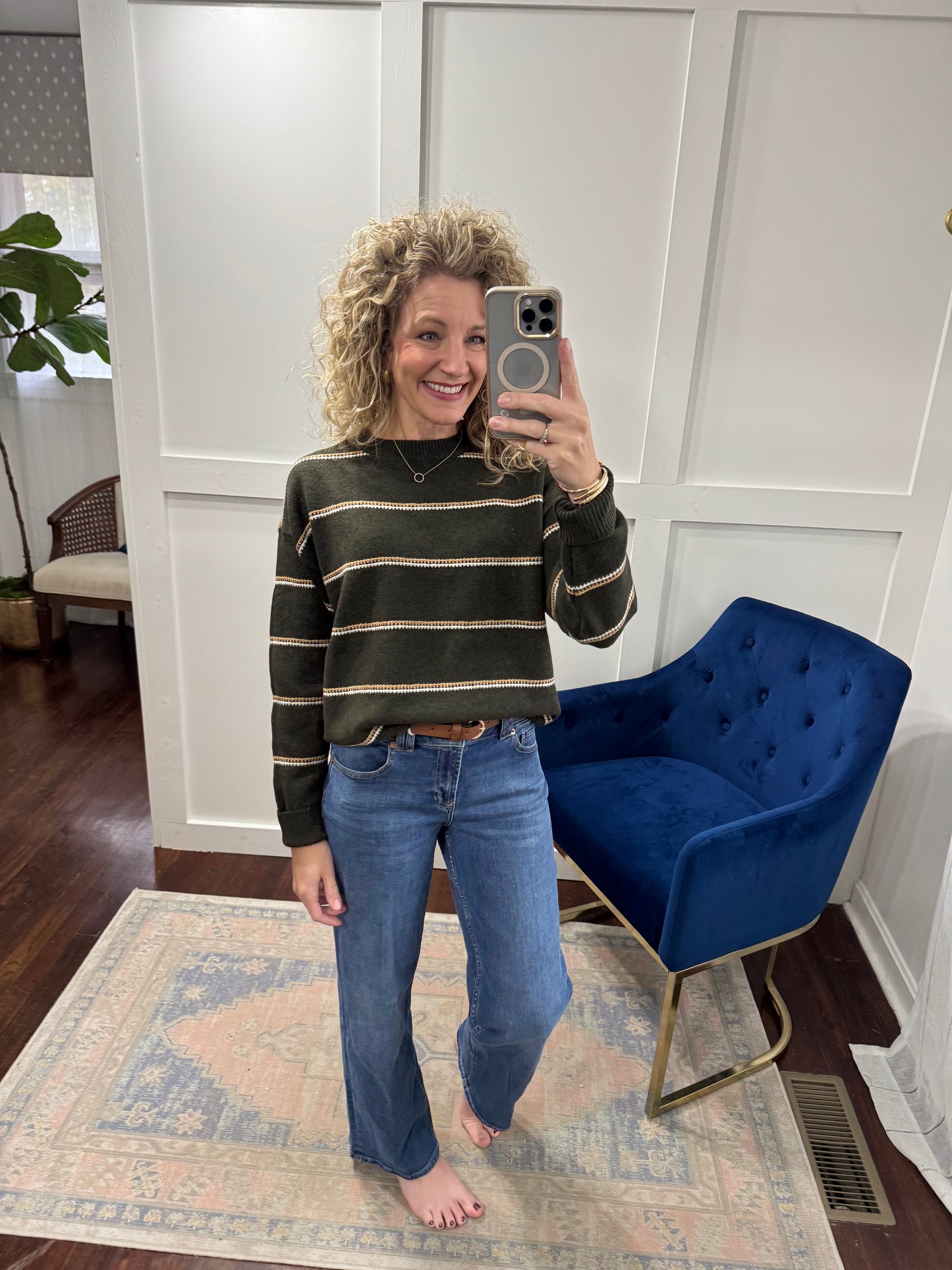 Olive camel stripe sweater