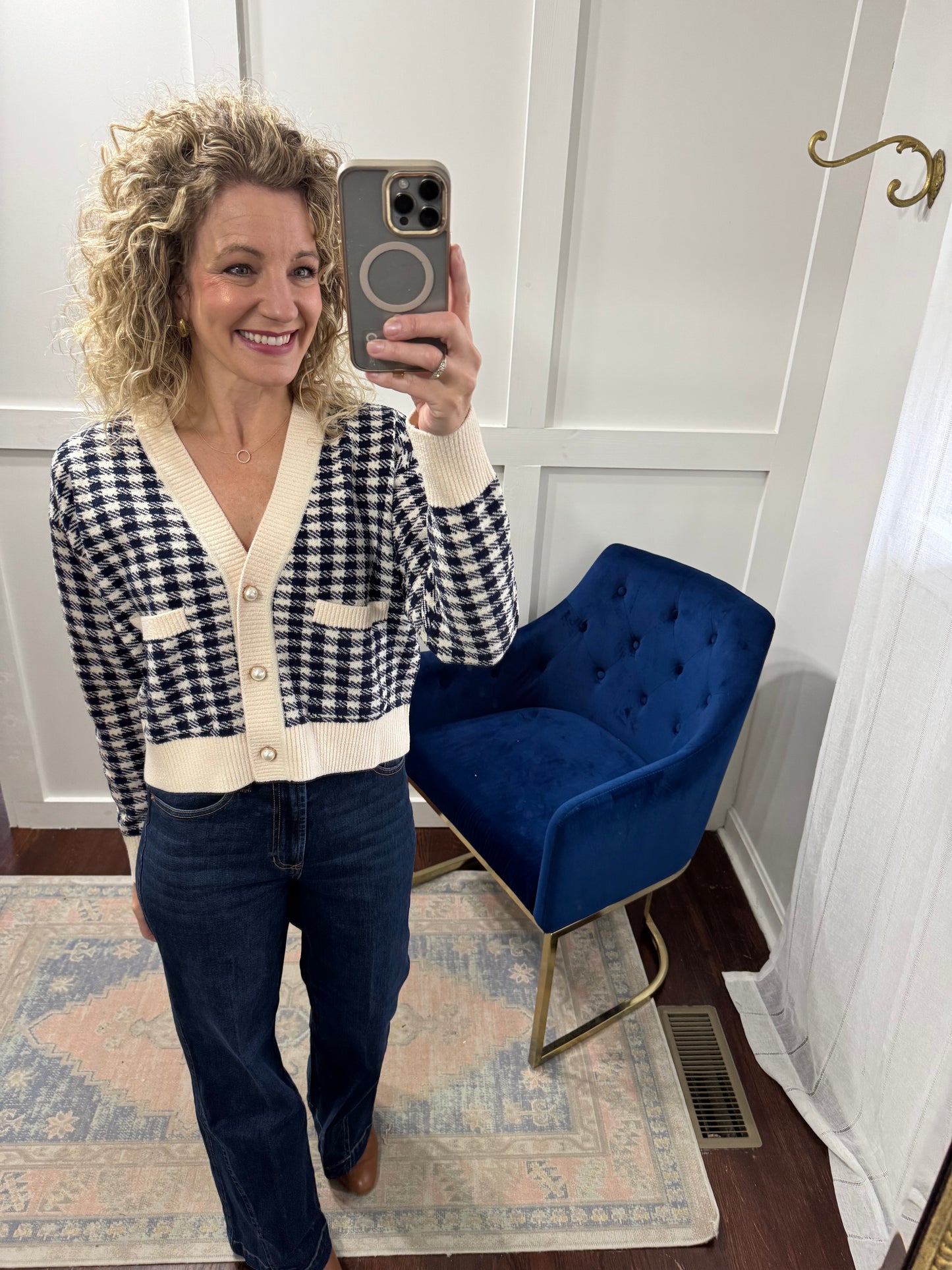 Cream and navy checked sweater