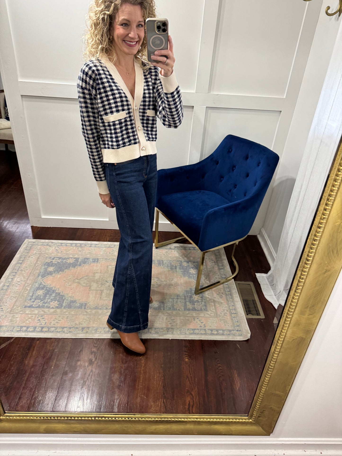 Cream and navy checked sweater